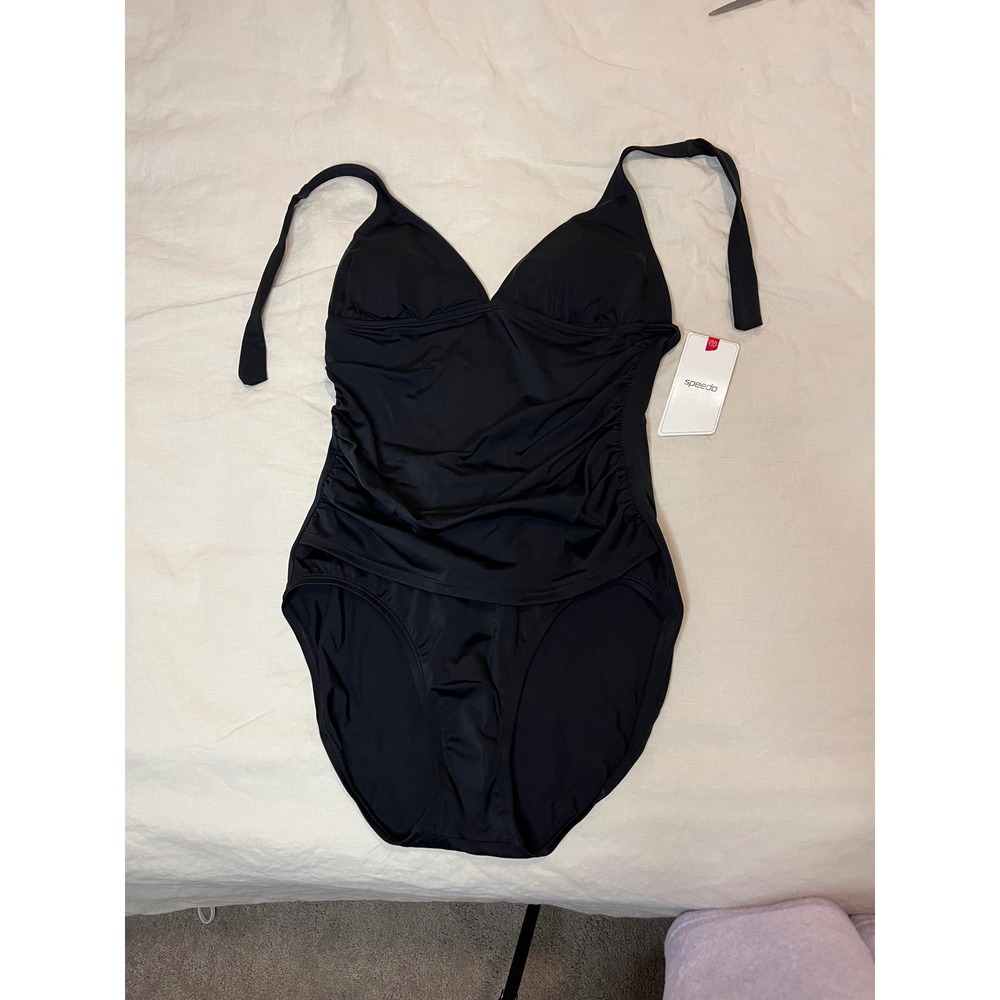 Speedo One-Piece Black Halter Tie Swimsuit Size 12 Ruched‎ Banded Waist Panel